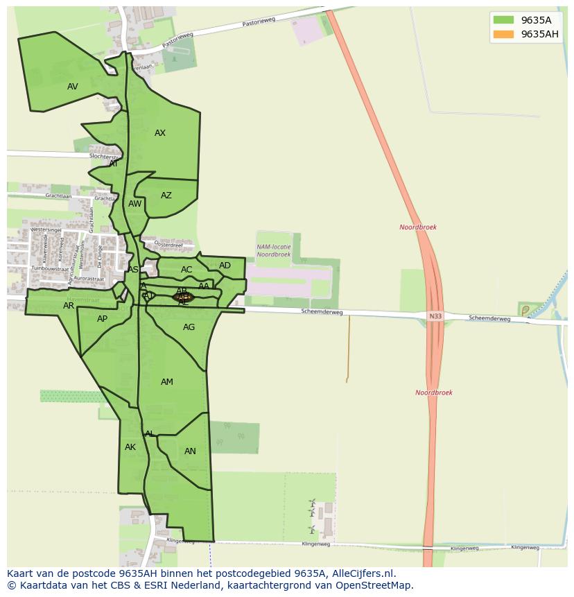 Afbeelding van het postcodegebied 9635 AH op de kaart.