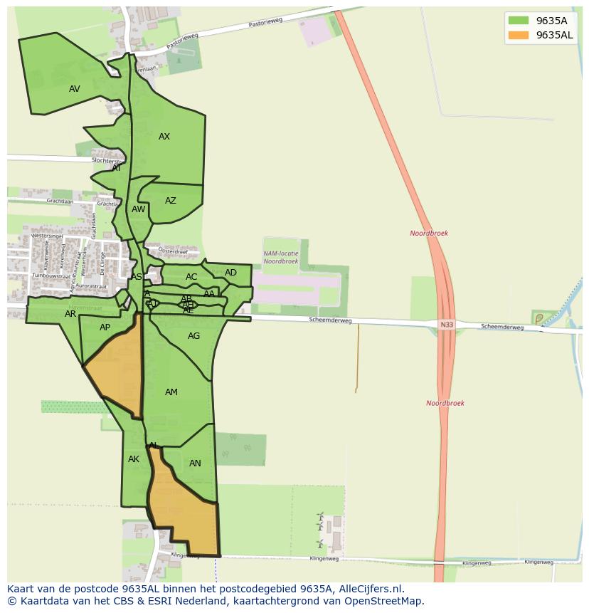 Afbeelding van het postcodegebied 9635 AL op de kaart.