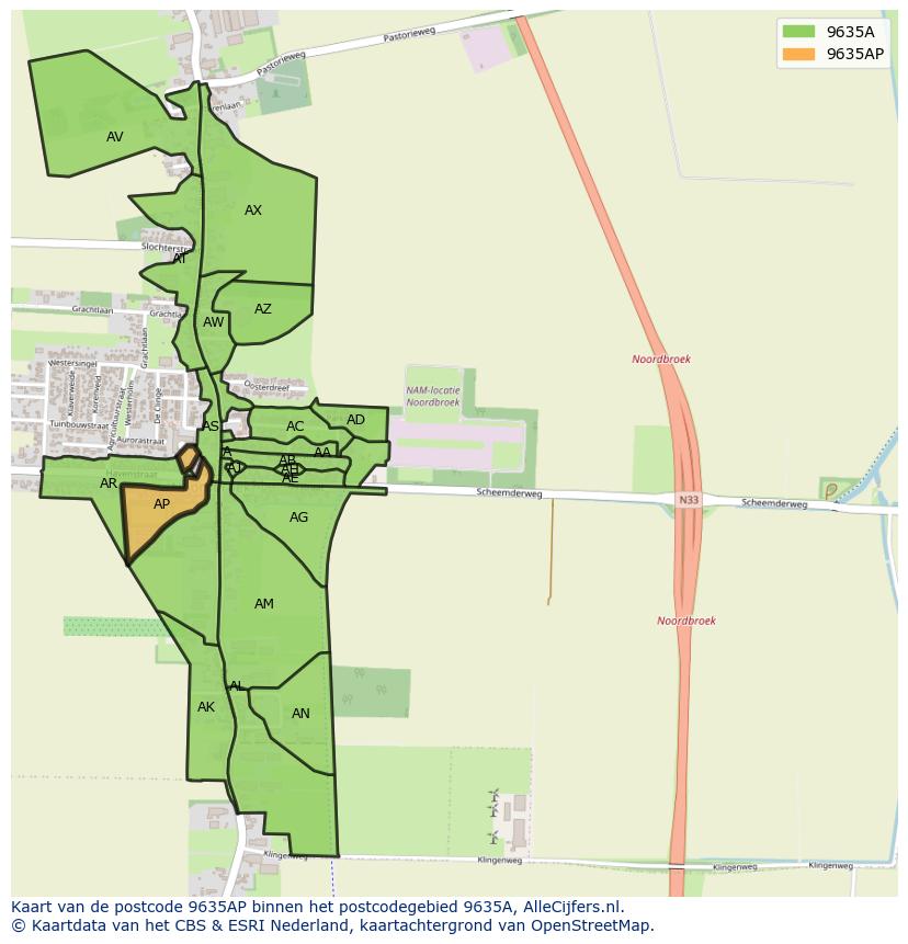 Afbeelding van het postcodegebied 9635 AP op de kaart.