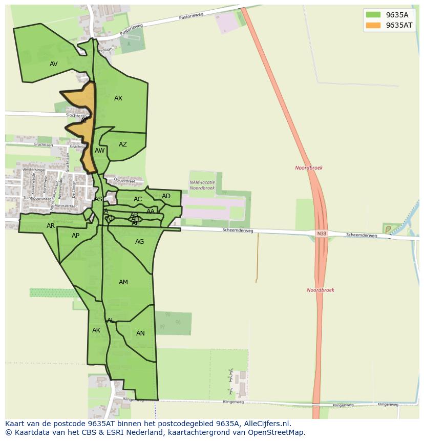 Afbeelding van het postcodegebied 9635 AT op de kaart.