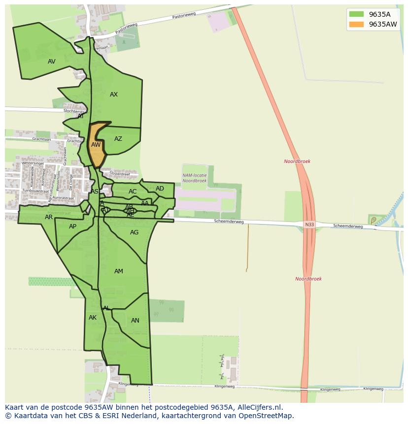 Afbeelding van het postcodegebied 9635 AW op de kaart.