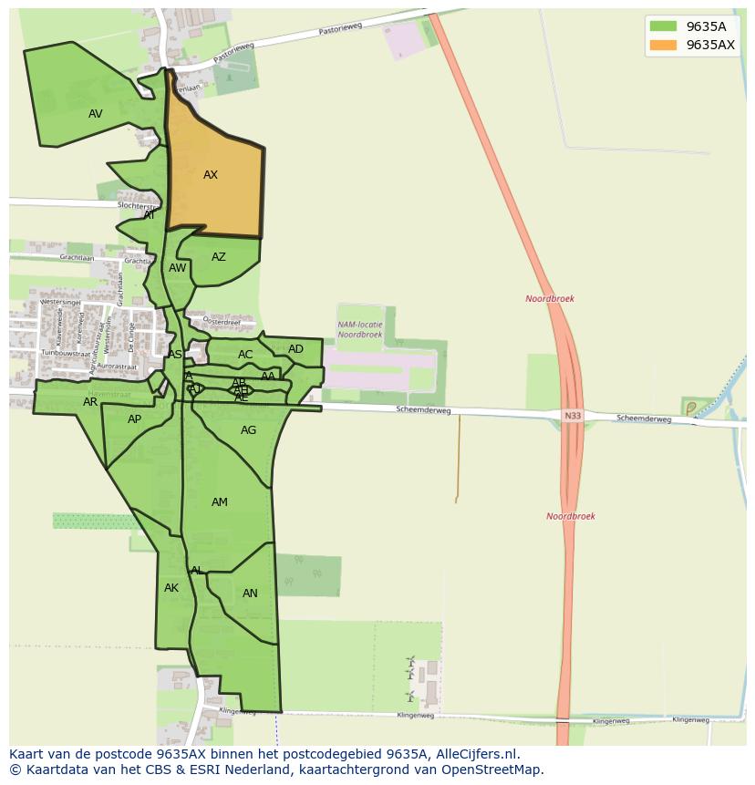 Afbeelding van het postcodegebied 9635 AX op de kaart.