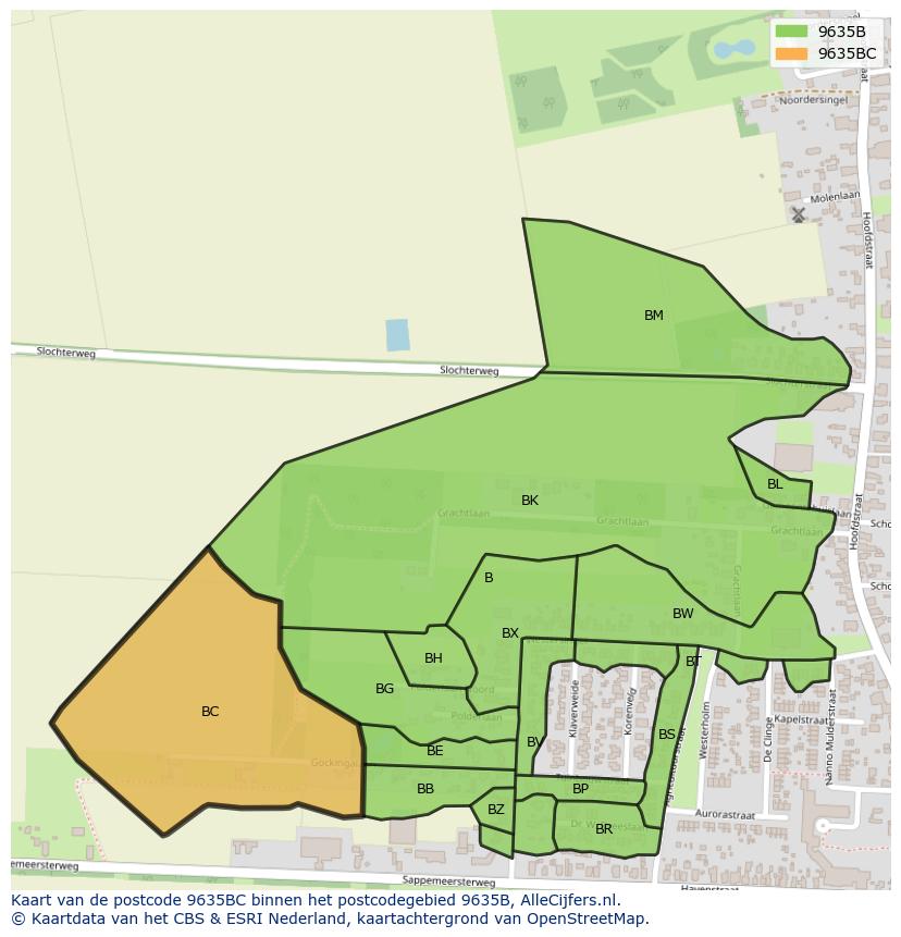 Afbeelding van het postcodegebied 9635 BC op de kaart.