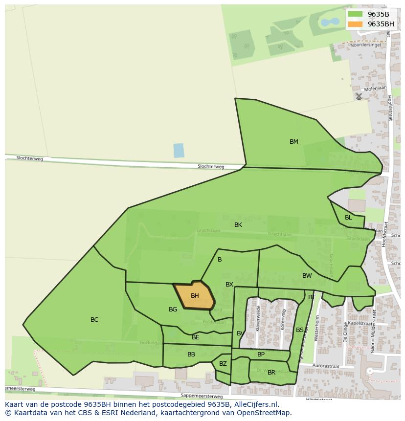 Afbeelding van het postcodegebied 9635 BH op de kaart.