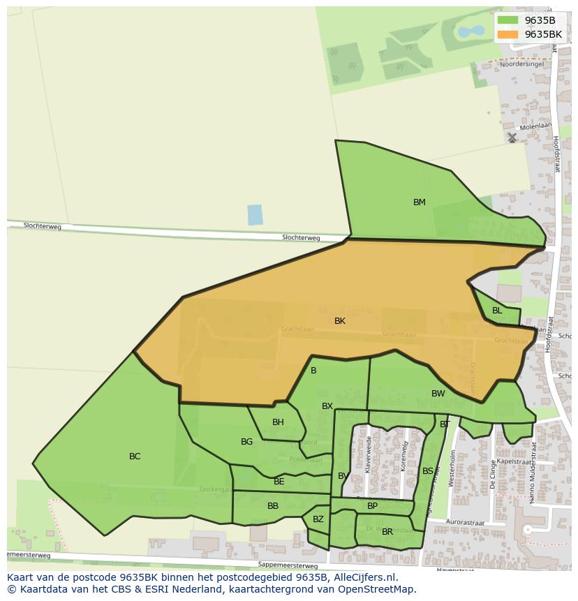 Afbeelding van het postcodegebied 9635 BK op de kaart.