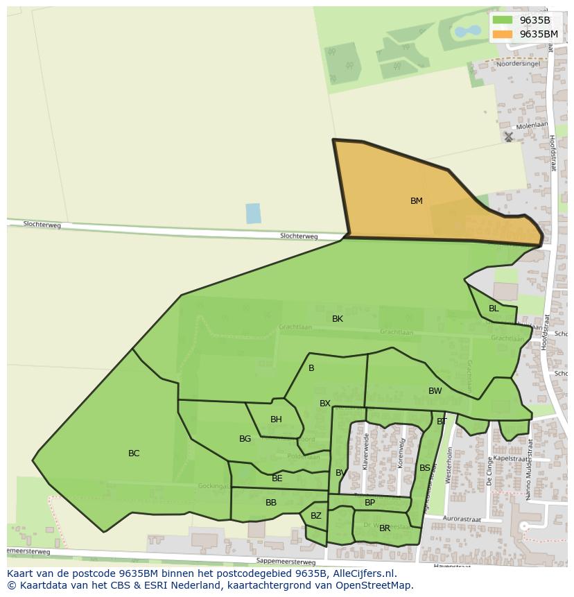 Afbeelding van het postcodegebied 9635 BM op de kaart.
