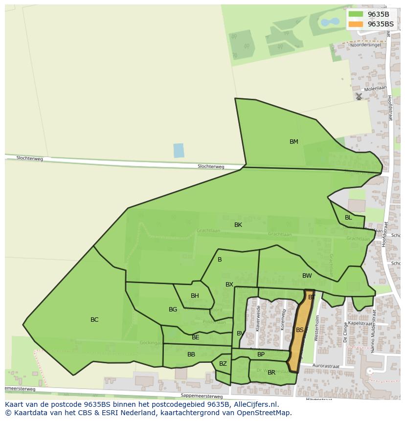 Afbeelding van het postcodegebied 9635 BS op de kaart.