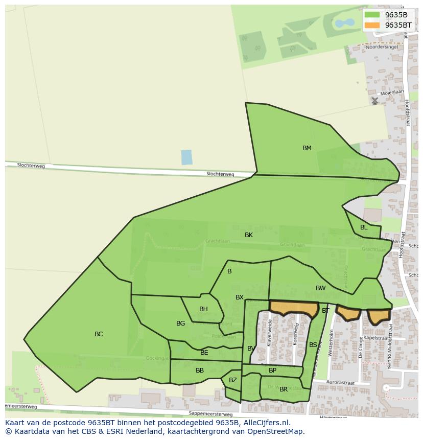 Afbeelding van het postcodegebied 9635 BT op de kaart.