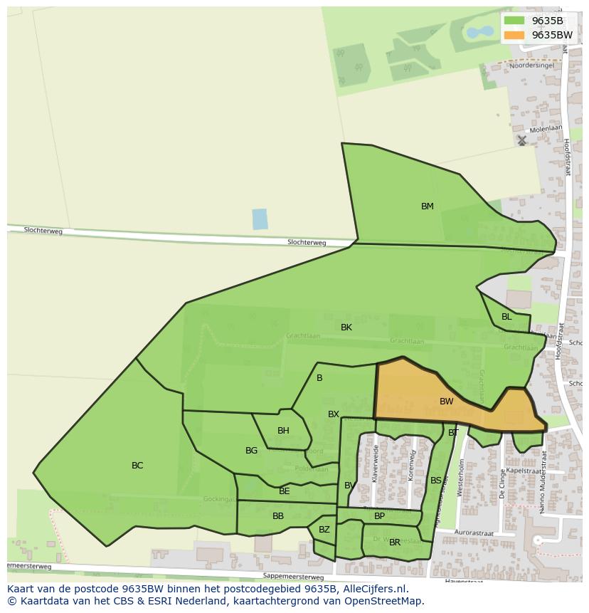Afbeelding van het postcodegebied 9635 BW op de kaart.