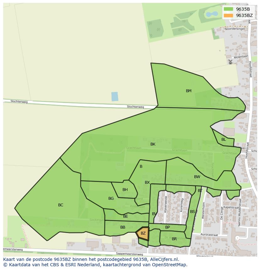 Afbeelding van het postcodegebied 9635 BZ op de kaart.