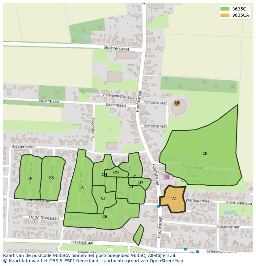 Afbeelding van het postcodegebied 9635 CA op de kaart.