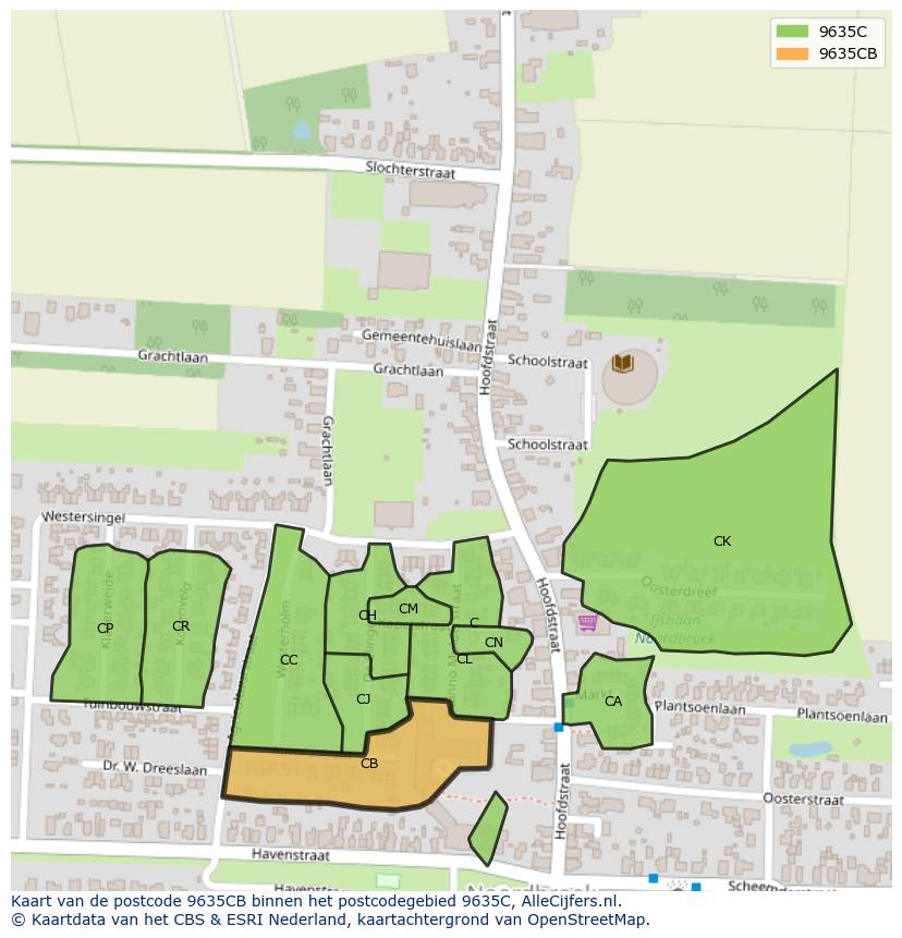 Afbeelding van het postcodegebied 9635 CB op de kaart.