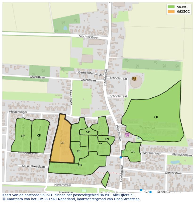Afbeelding van het postcodegebied 9635 CC op de kaart.