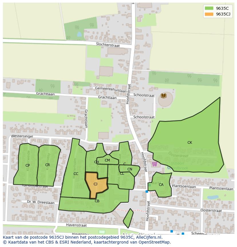 Afbeelding van het postcodegebied 9635 CJ op de kaart.