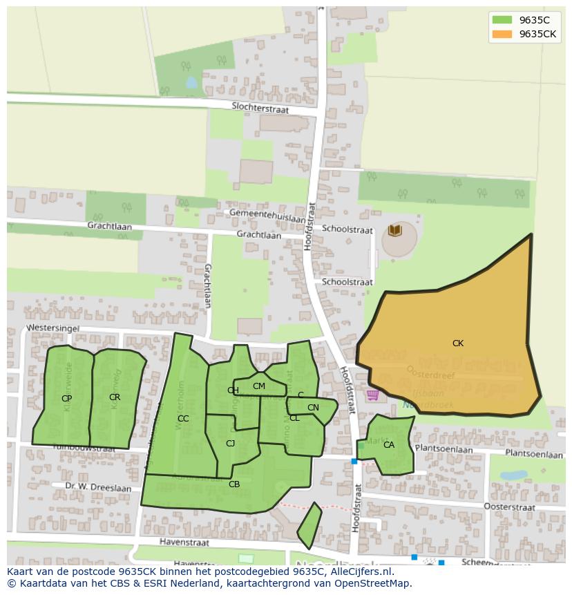 Afbeelding van het postcodegebied 9635 CK op de kaart.