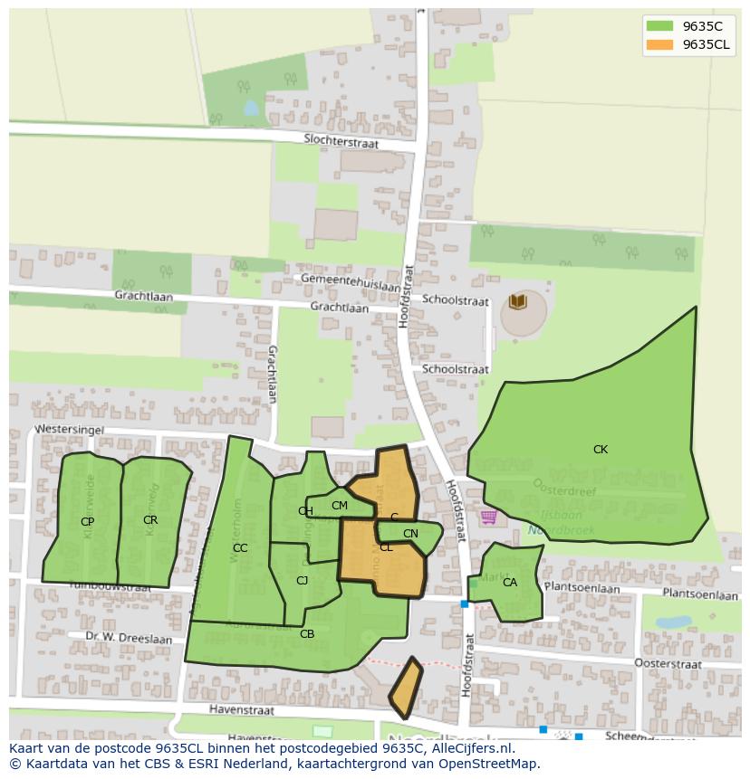 Afbeelding van het postcodegebied 9635 CL op de kaart.