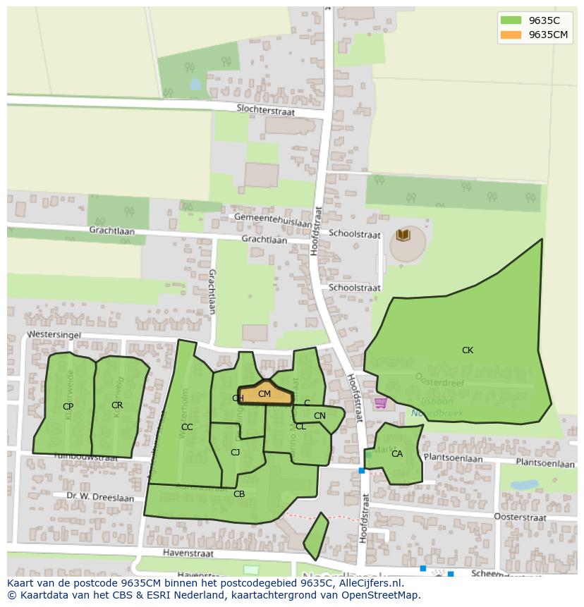 Afbeelding van het postcodegebied 9635 CM op de kaart.