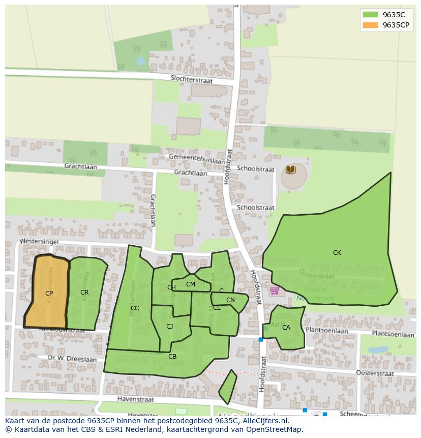 Afbeelding van het postcodegebied 9635 CP op de kaart.