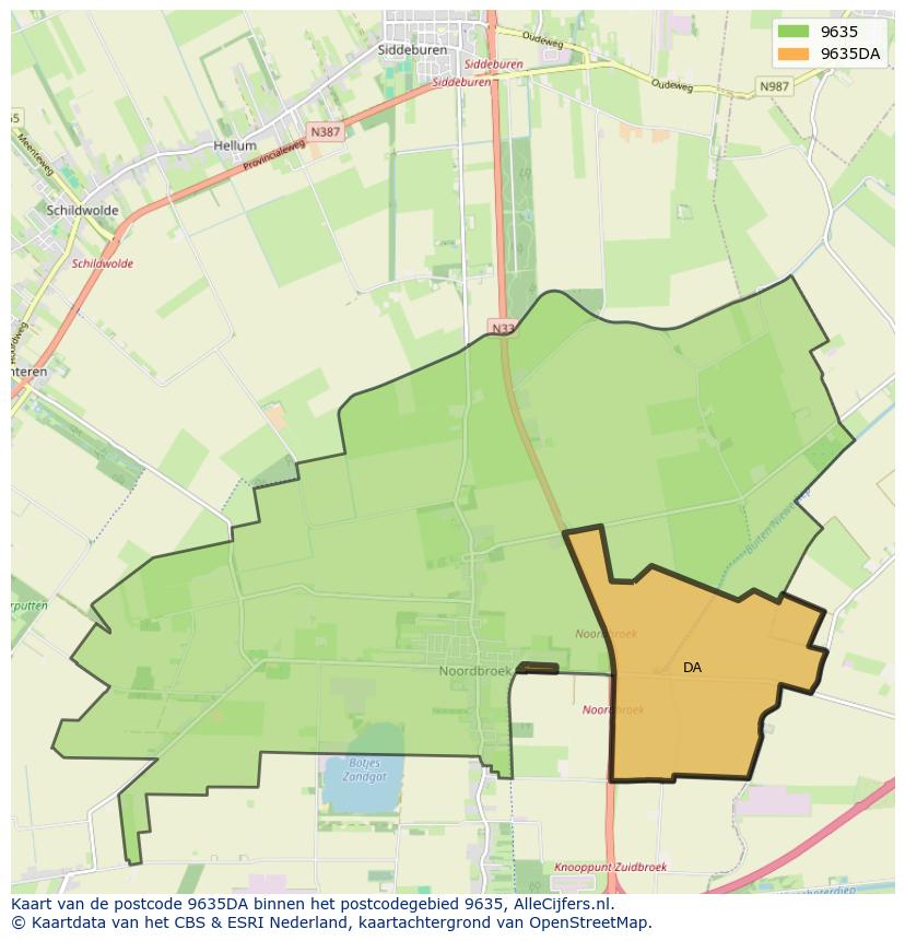 Afbeelding van het postcodegebied 9635 DA op de kaart.