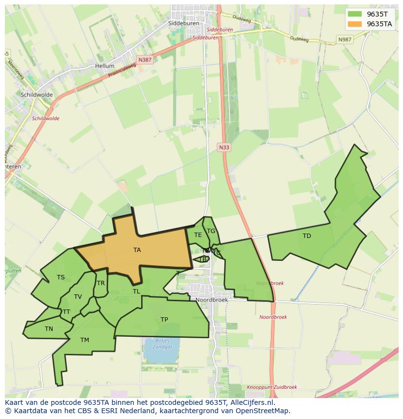 Afbeelding van het postcodegebied 9635 TA op de kaart.