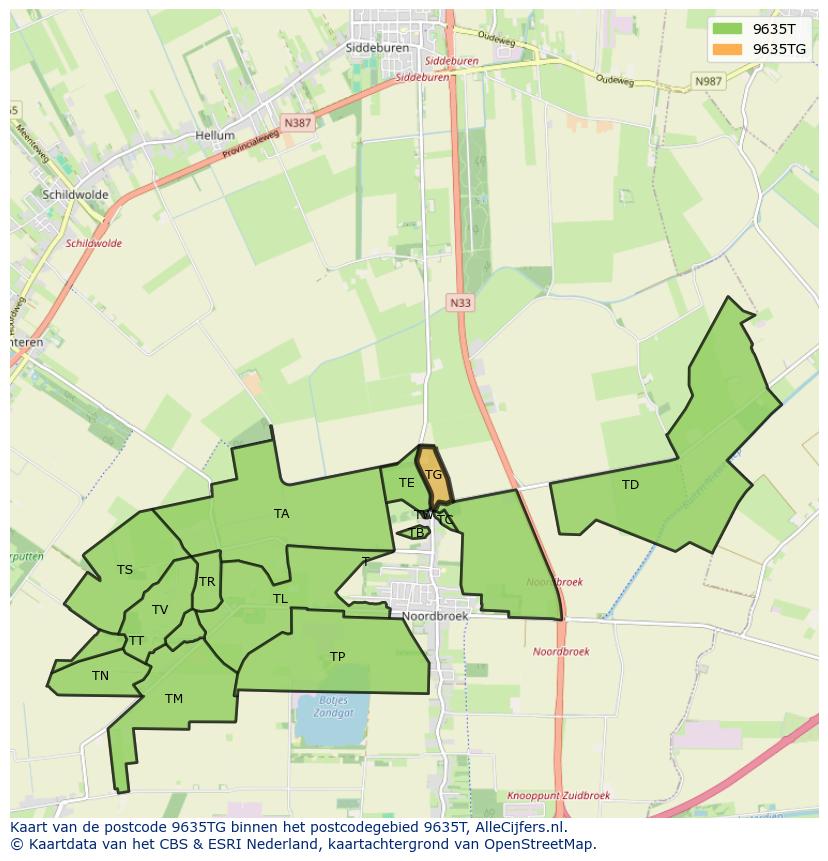 Afbeelding van het postcodegebied 9635 TG op de kaart.