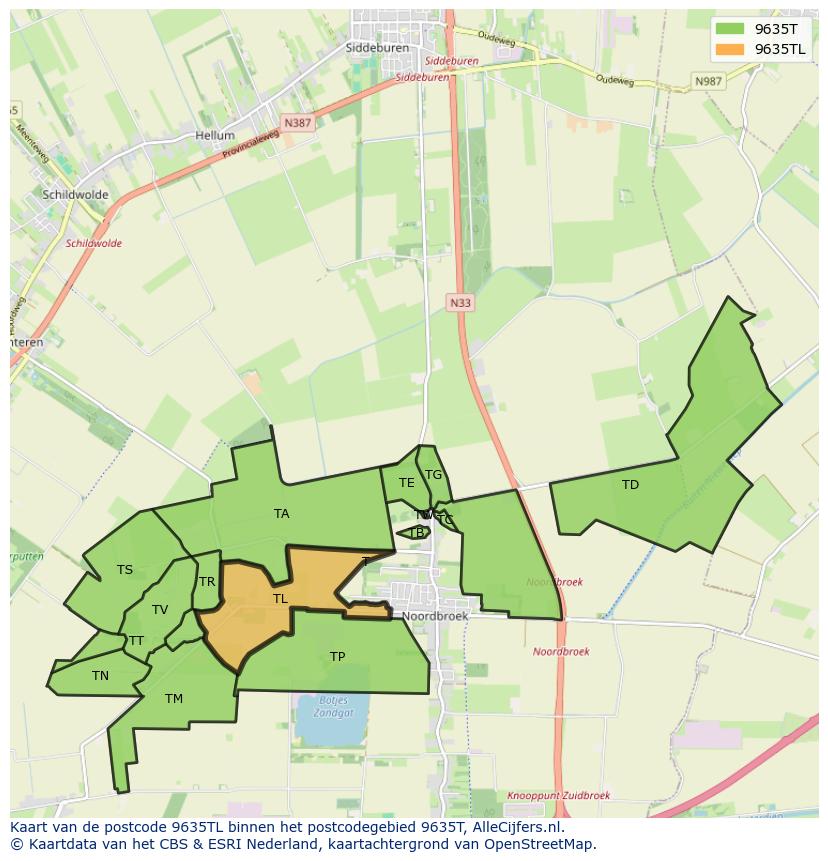 Afbeelding van het postcodegebied 9635 TL op de kaart.