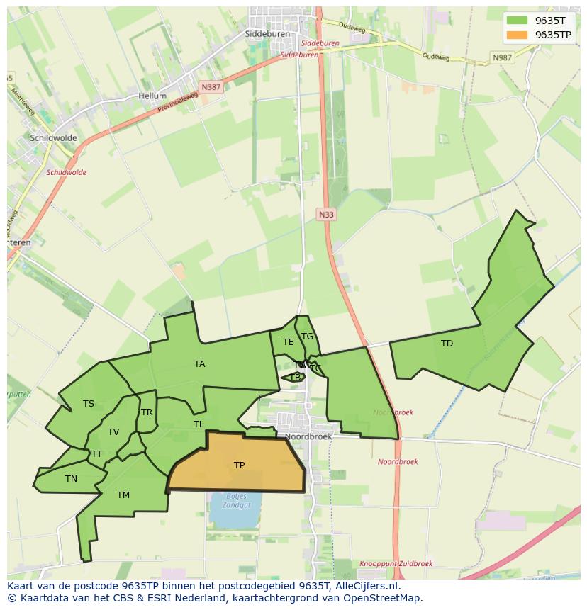 Afbeelding van het postcodegebied 9635 TP op de kaart.
