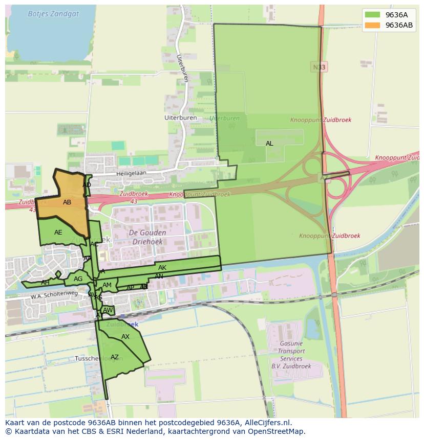 Afbeelding van het postcodegebied 9636 AB op de kaart.