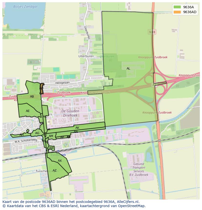 Afbeelding van het postcodegebied 9636 AD op de kaart.