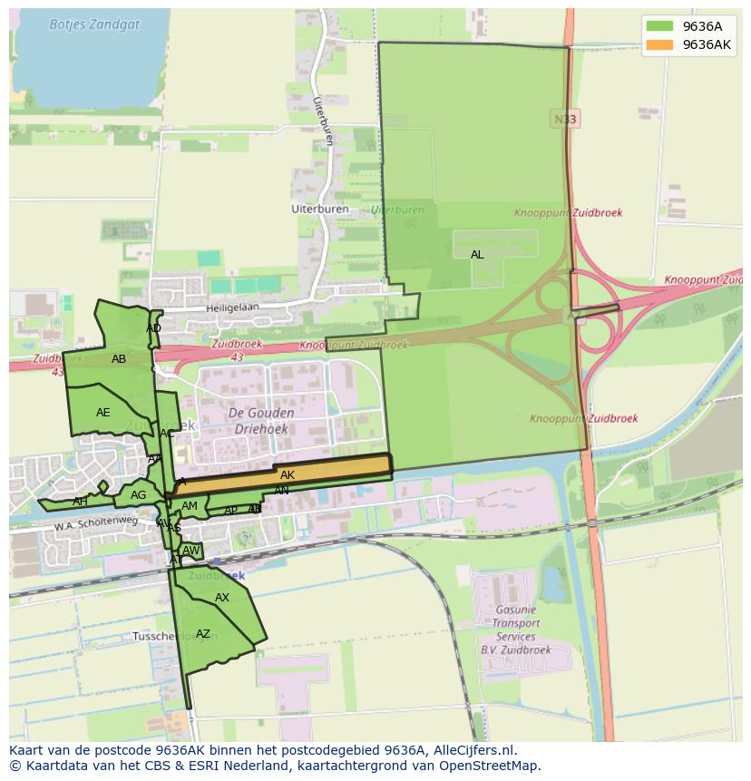 Afbeelding van het postcodegebied 9636 AK op de kaart.