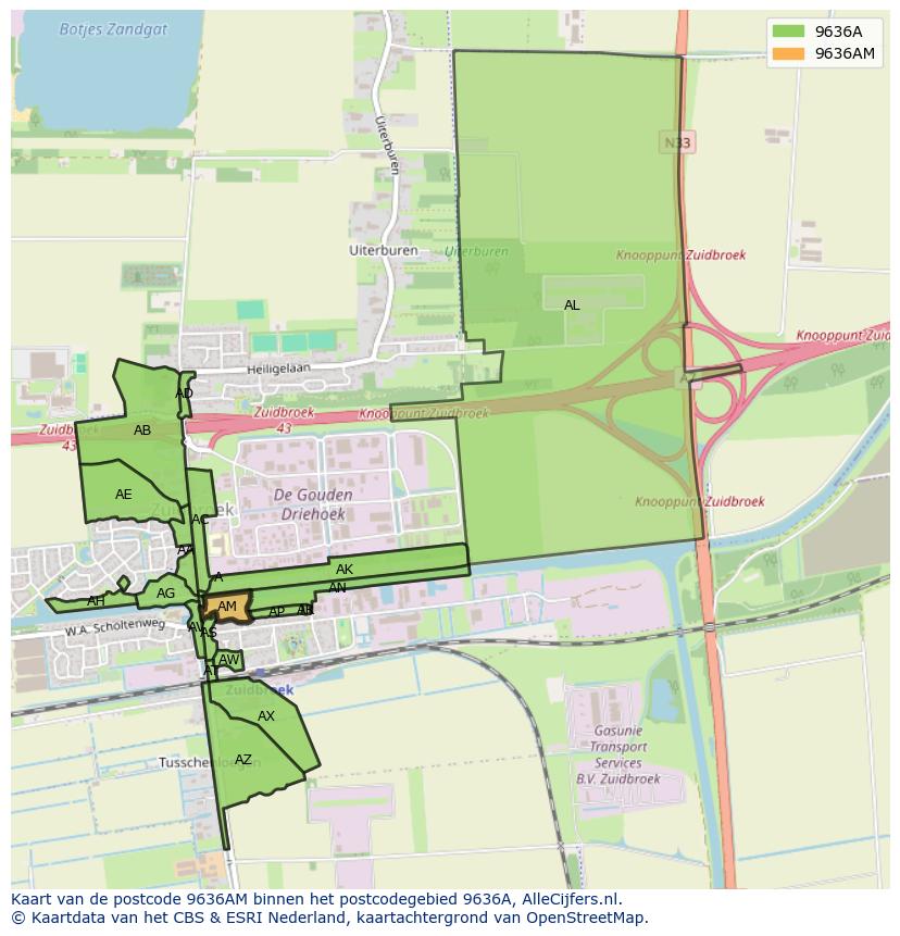 Afbeelding van het postcodegebied 9636 AM op de kaart.