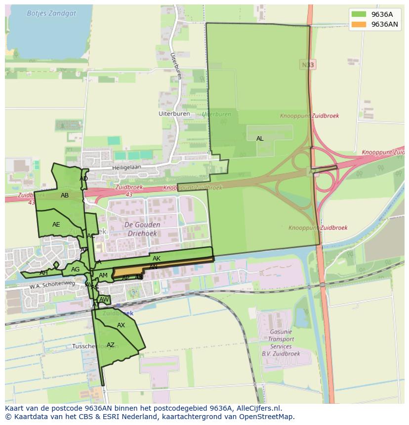 Afbeelding van het postcodegebied 9636 AN op de kaart.