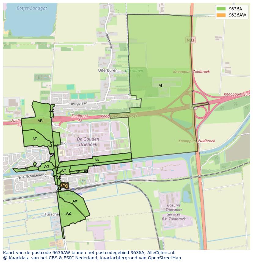 Afbeelding van het postcodegebied 9636 AW op de kaart.