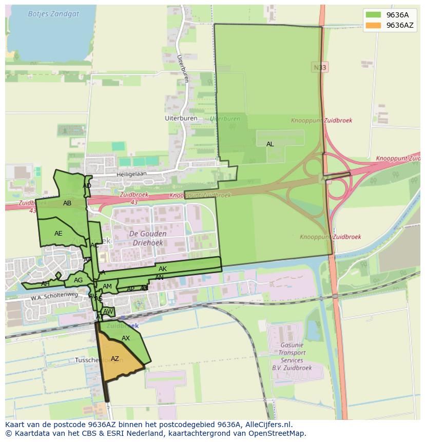 Afbeelding van het postcodegebied 9636 AZ op de kaart.