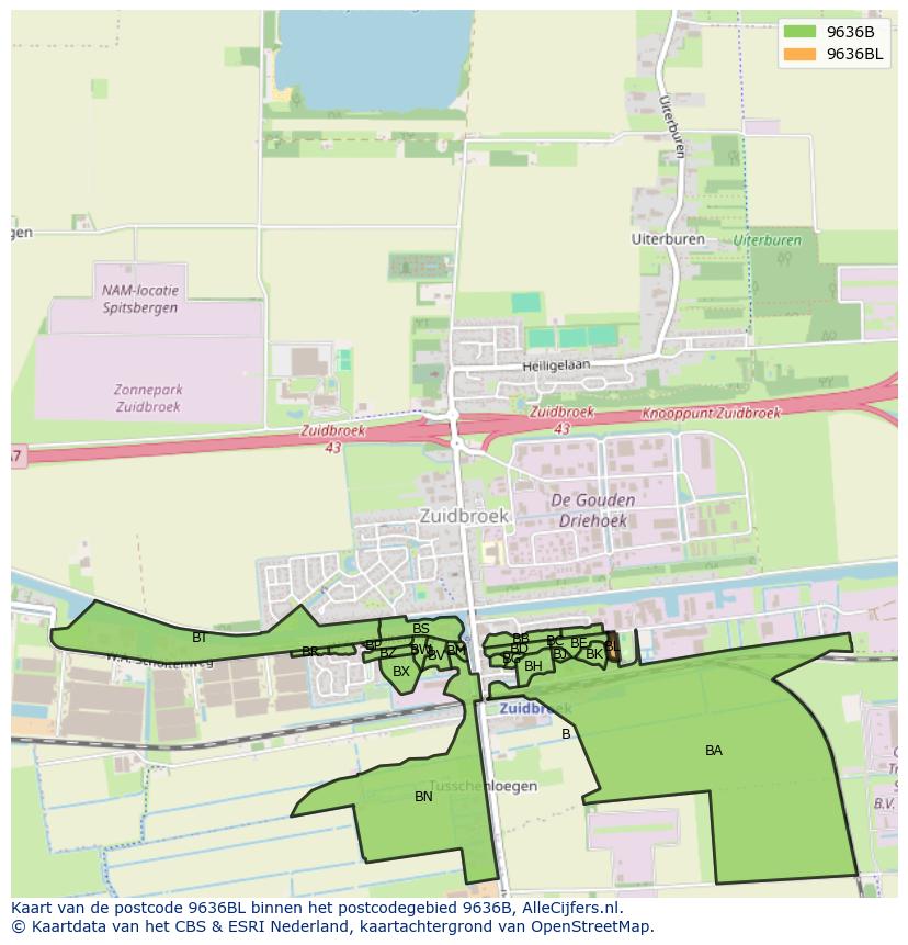 Afbeelding van het postcodegebied 9636 BL op de kaart.