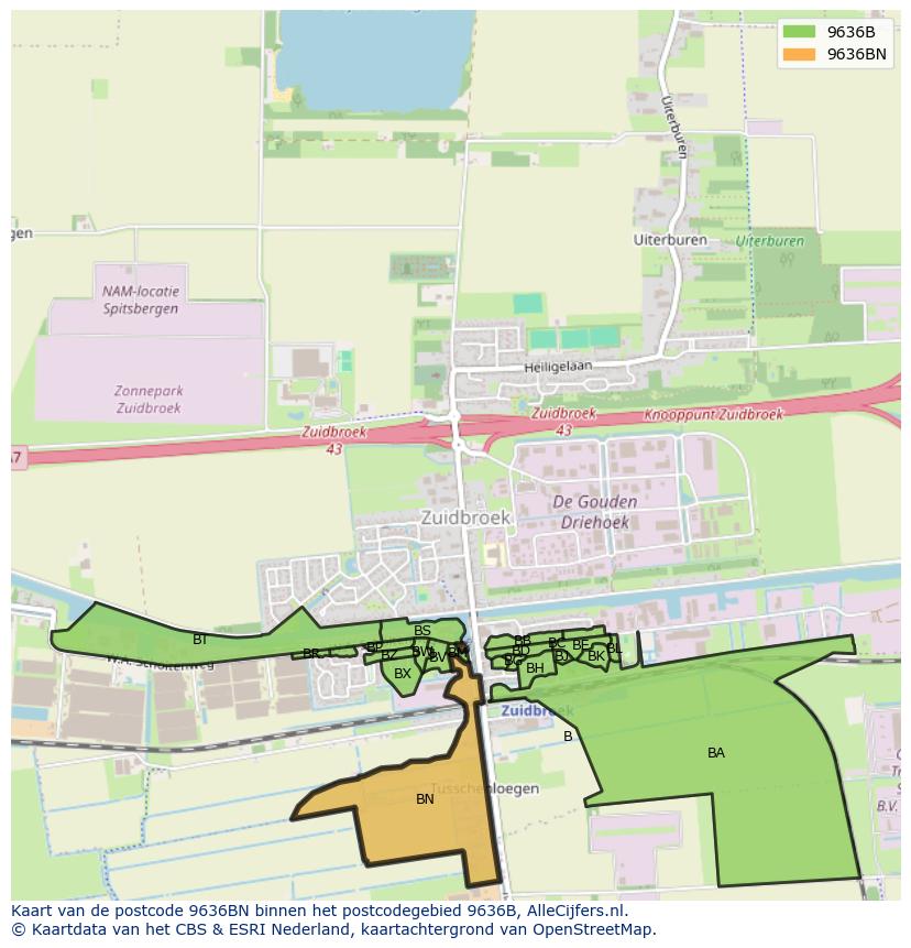 Afbeelding van het postcodegebied 9636 BN op de kaart.