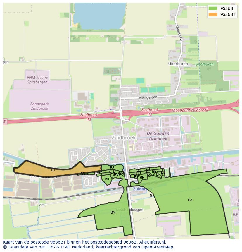 Afbeelding van het postcodegebied 9636 BT op de kaart.