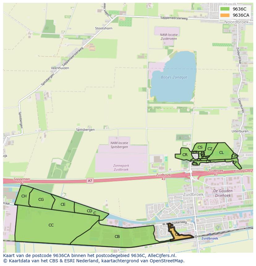 Afbeelding van het postcodegebied 9636 CA op de kaart.