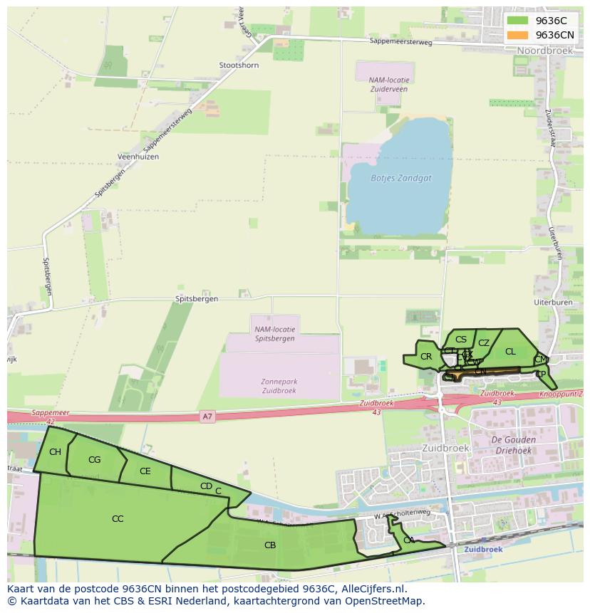 Afbeelding van het postcodegebied 9636 CN op de kaart.