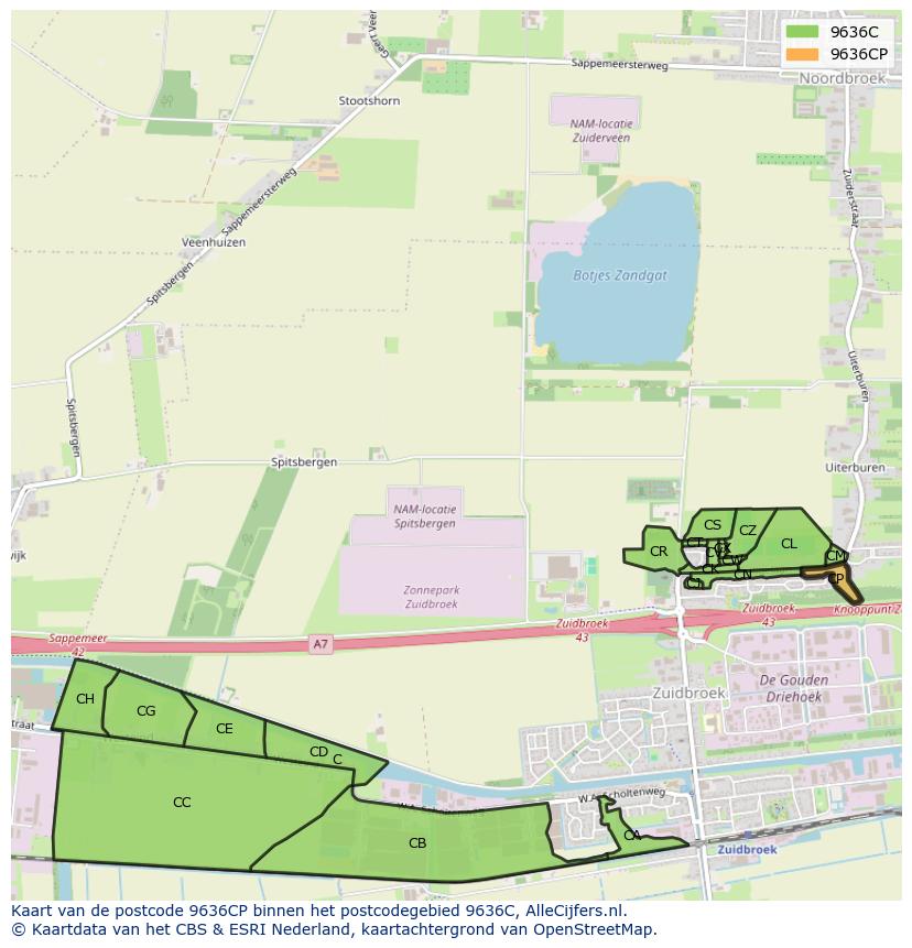 Afbeelding van het postcodegebied 9636 CP op de kaart.