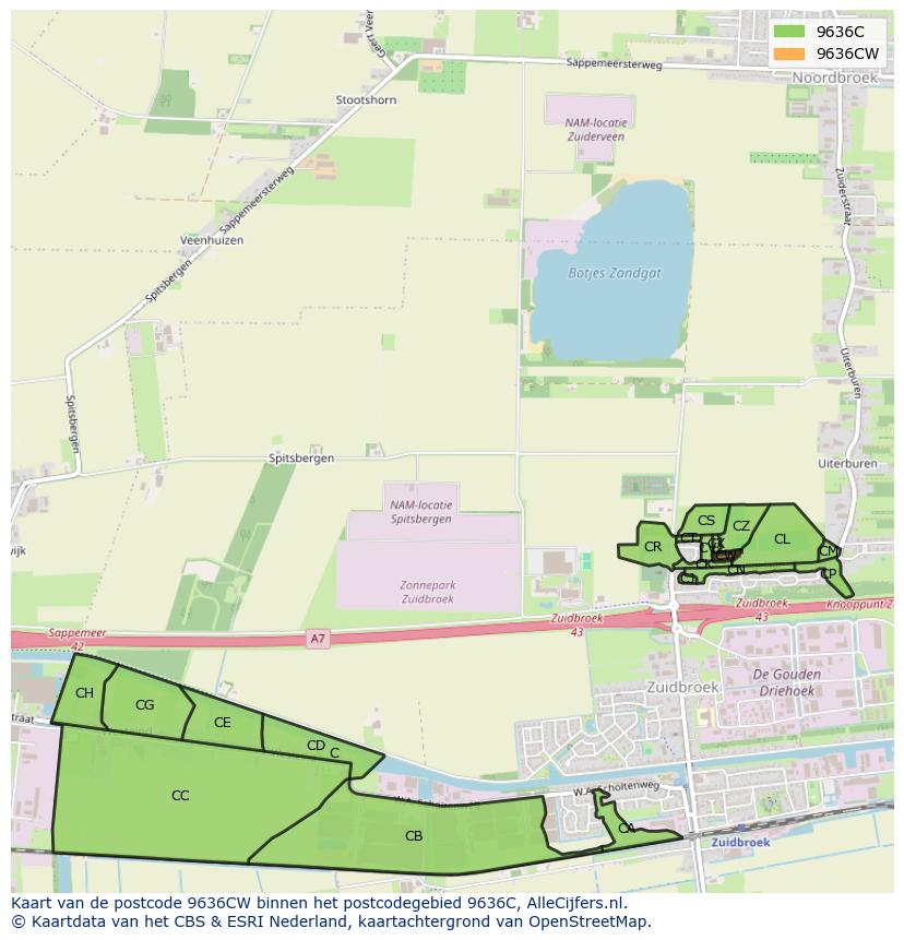 Afbeelding van het postcodegebied 9636 CW op de kaart.