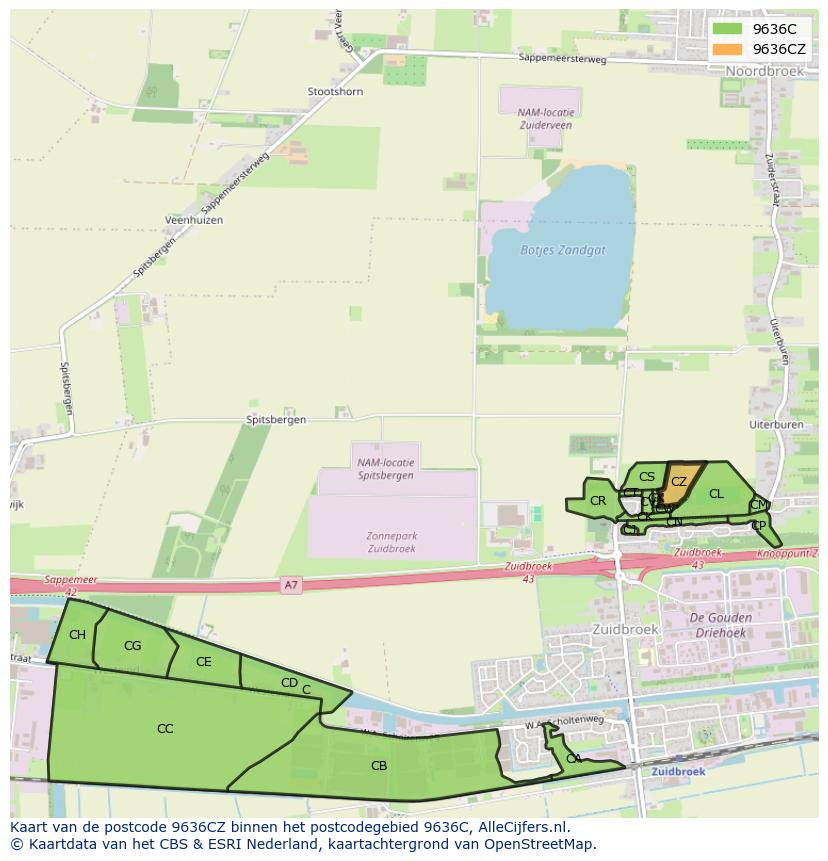 Afbeelding van het postcodegebied 9636 CZ op de kaart.