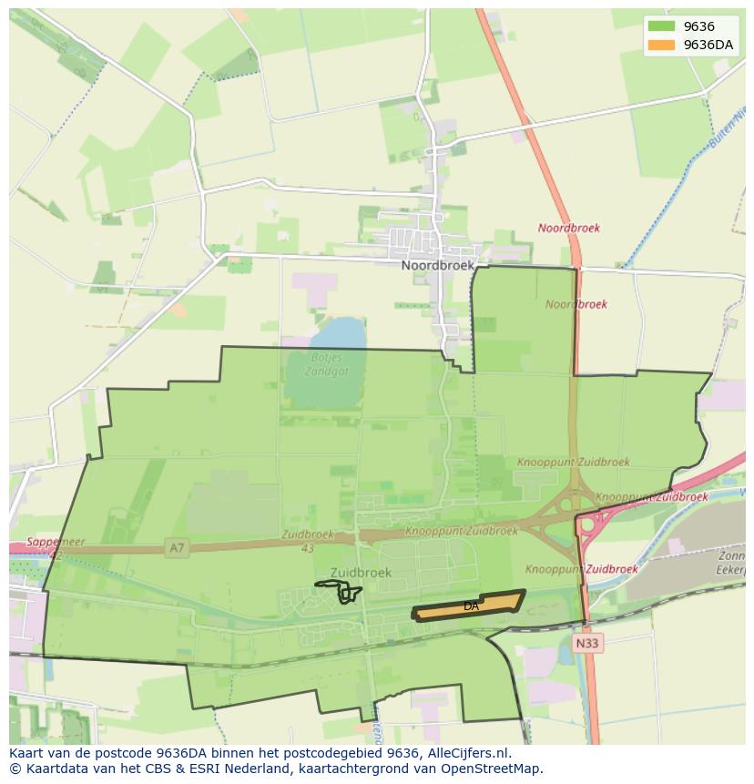 Afbeelding van het postcodegebied 9636 DA op de kaart.