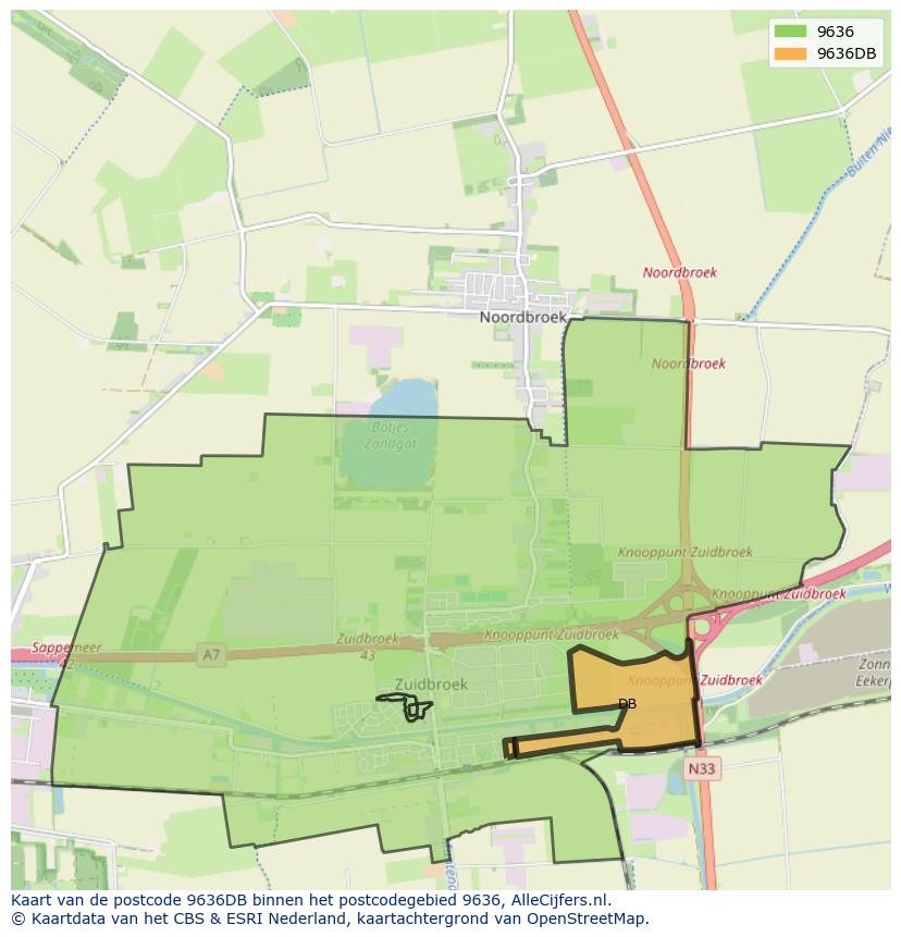 Afbeelding van het postcodegebied 9636 DB op de kaart.