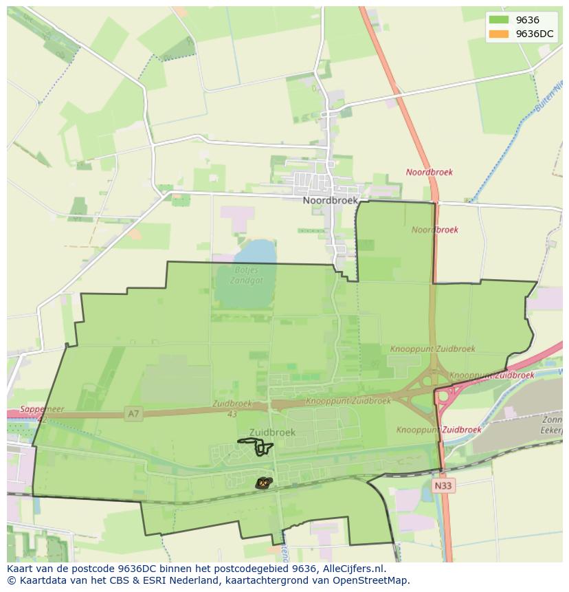 Afbeelding van het postcodegebied 9636 DC op de kaart.