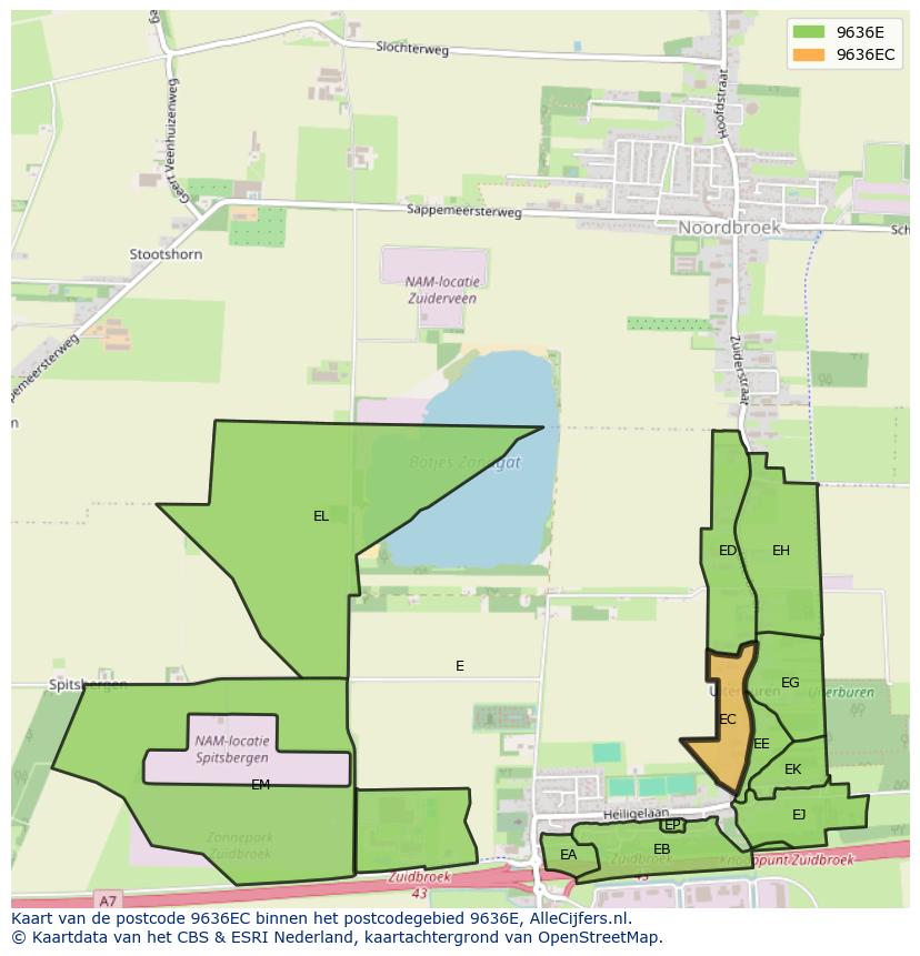 Afbeelding van het postcodegebied 9636 EC op de kaart.