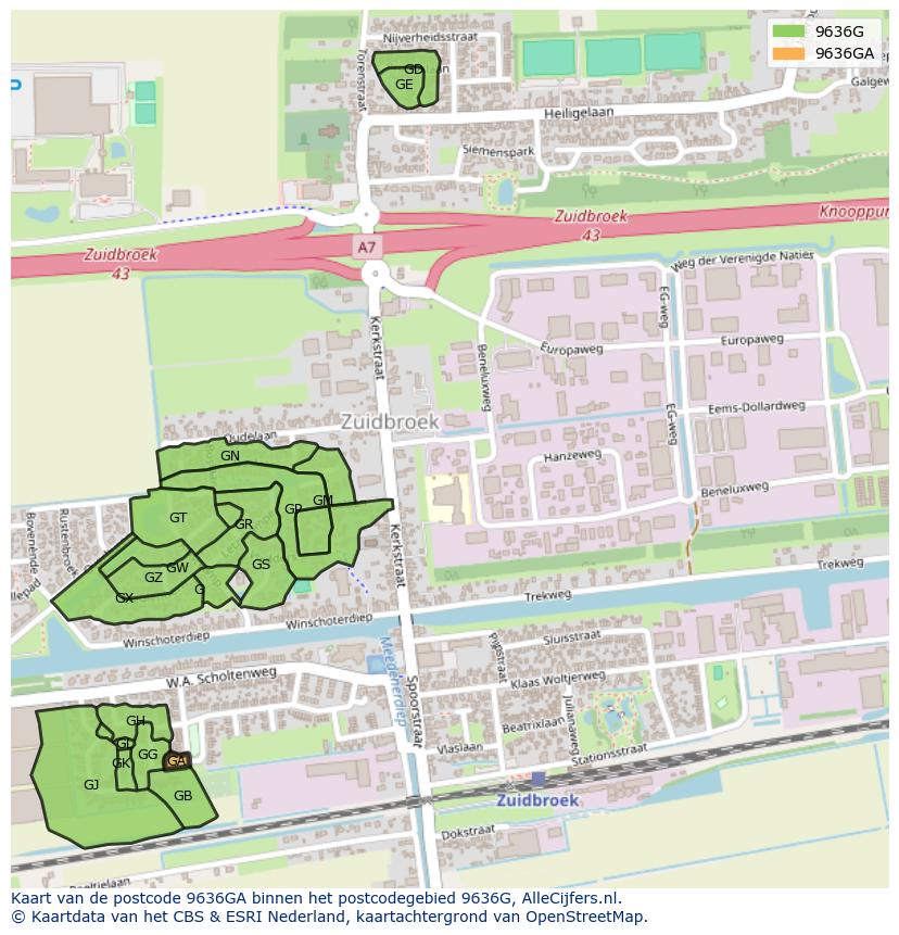 Afbeelding van het postcodegebied 9636 GA op de kaart.