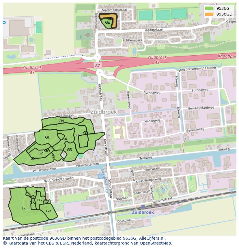 Afbeelding van het postcodegebied 9636 GD op de kaart.