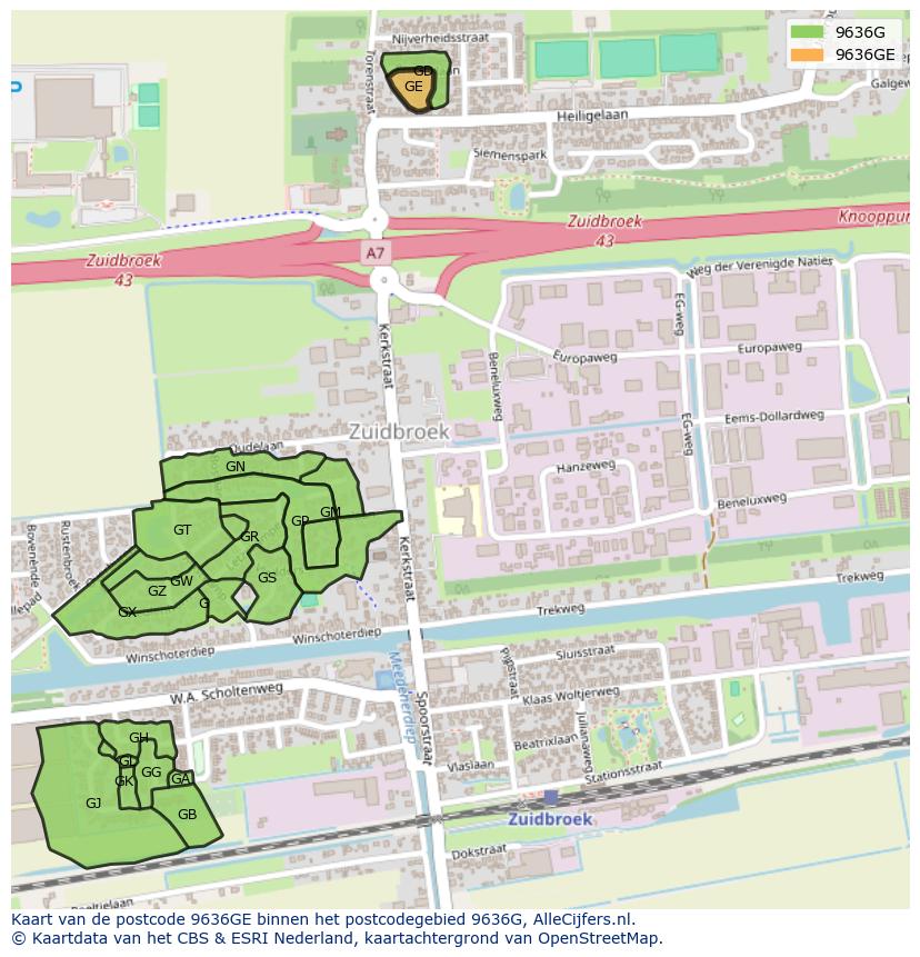 Afbeelding van het postcodegebied 9636 GE op de kaart.