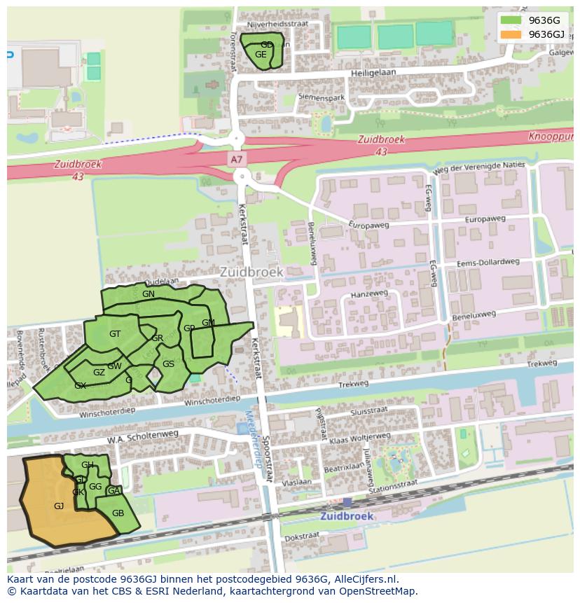 Afbeelding van het postcodegebied 9636 GJ op de kaart.